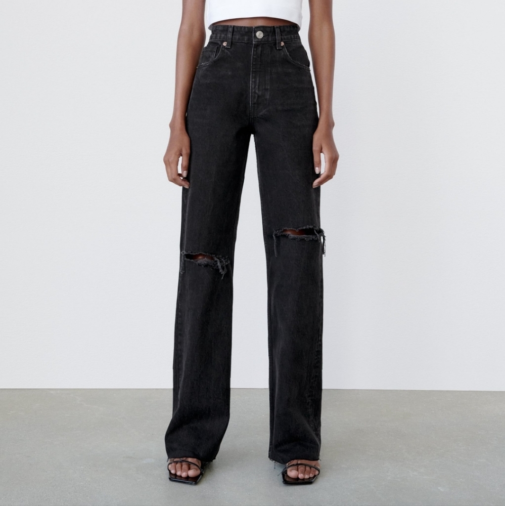ZARA Jeans NWT Black Wide Leg Distressed Ripped Freyed Hem Sz 00 Waist 32 Length